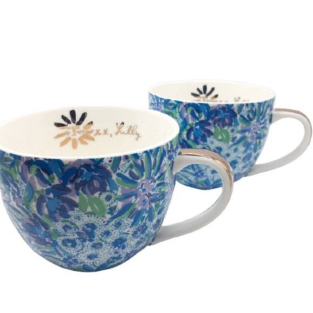 Lilly Pulitzer Ceramic Mugs | Set of 2 | 12 oz | Blue-Green Floral Print with Go - Picture 1 of 9